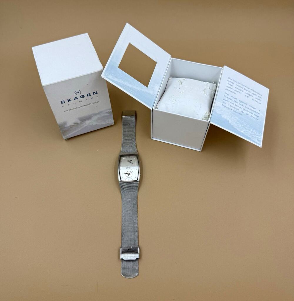 Skagen Denmark Quartz Rectangle 34mm Silver Dial Mesh Band 30m w/ Box